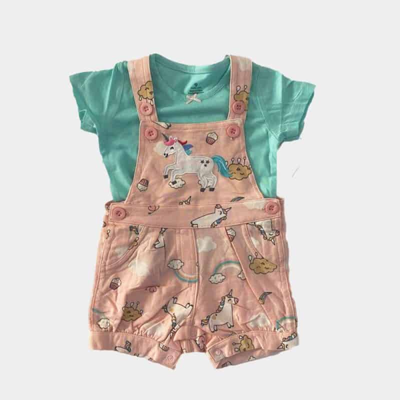 girls multicolour top and dungarees set