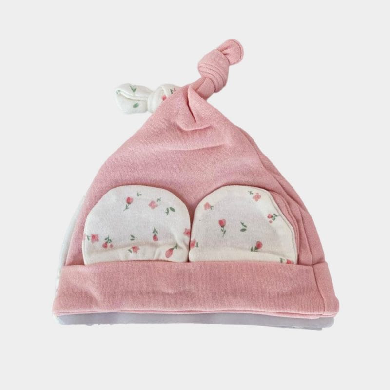 Primark Baby Peach Roses Girls Hats Scratch Mittens Set 2 pack